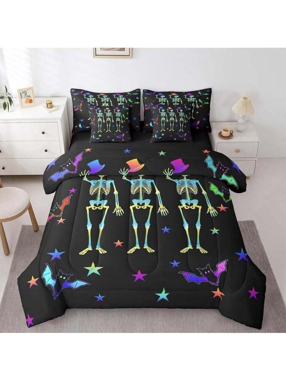 Dancing Skeletons "Sugar Skull" 7-Piece Queen Comforter/Sheet Set - Brand New